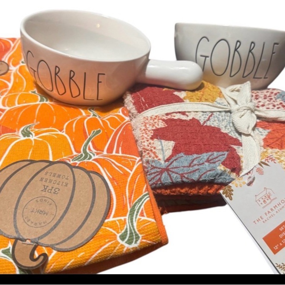 Rae Dunn Gobble Ceramic bowls and Autumn Kitchen Towels